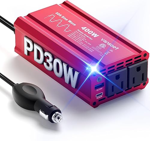 【2026 Upgraded】 400W Peak Clipped Sine Wave Car Power Inverter DC 12V to AC(2 Outlets) 110V Car Charger Plug Adapter Power Converter with PD3.0 & QC18W Dual USB Charging Ports