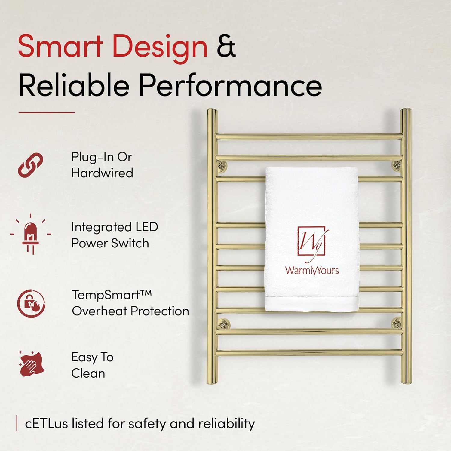 Heated Towel Rack, 10-Bar Wall-Mounted Electric Towel Warmer, Polished Gold, Plug-in or Hardwired, Luxury Bathroom Accessory for Warm, Dry Towels (WarmlyYours Infinity)