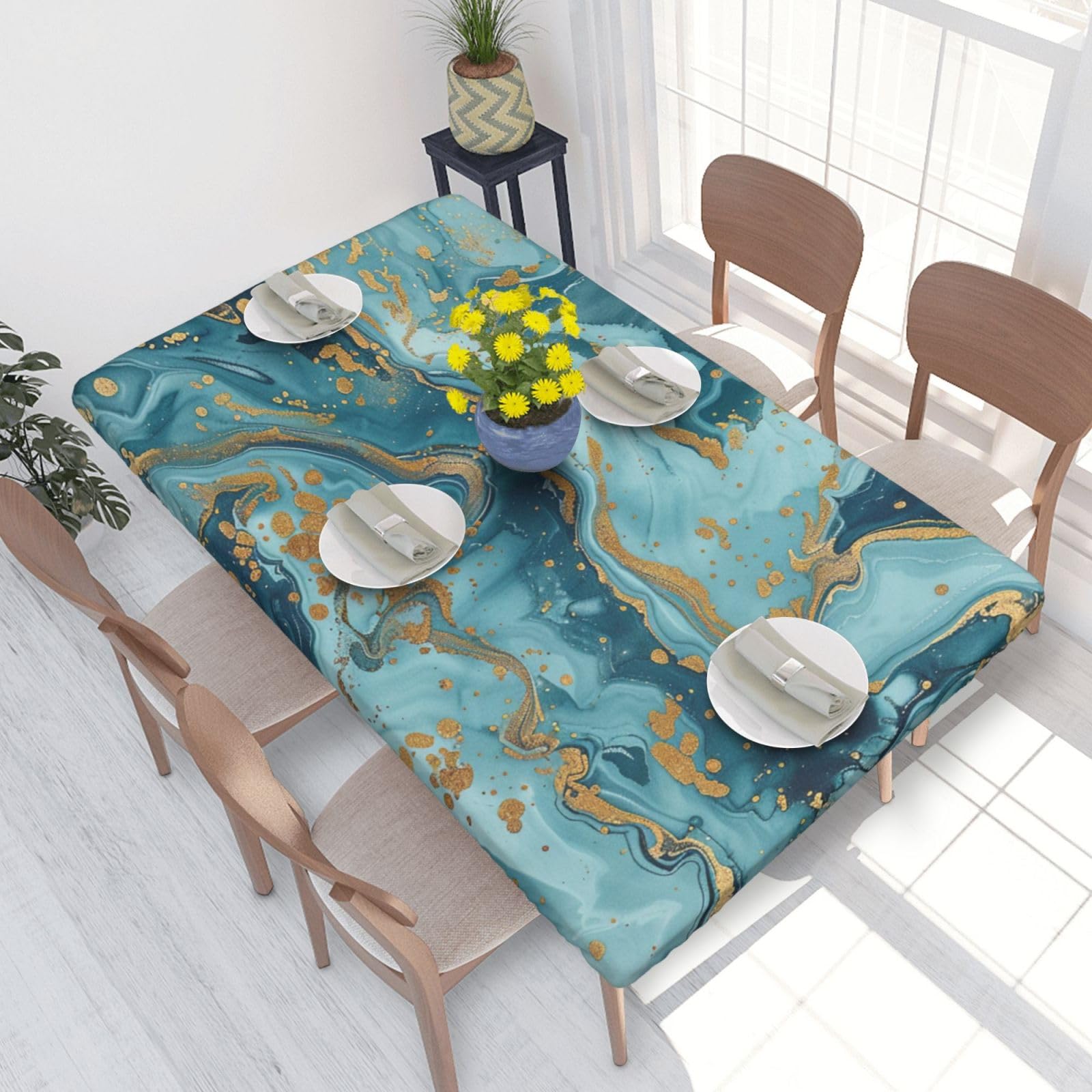 WPKJU Azurite Teal and Foil Gold Oil Marble Pattern Printed Tablecloths 4ft Rectangular Table Covers Washable Polyester Decorative Table Cloth for Dining Table Picnic Wedding