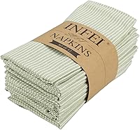 INFEI Narrow Striped Green Cotton Linen Blend Dinner Napkins Set of 12 (15.75x15.75 Inch) - Reusable for Parties & Home