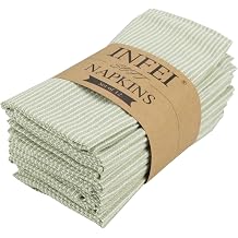 Narrow Striped Cotton Linen Blended Dinner Cloth Napkins - Set of 12 40 x 40 cm - for Christmas Parties Events & Home Use Green