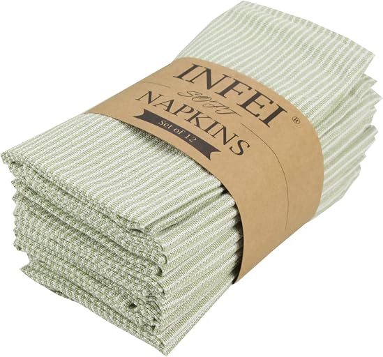 Narrow Striped Cotton Linen Blended Dinner Cloth Napkins - Set of 12 (40 x 40 cm) - for Christmas Parties Events & Home Use (Green)