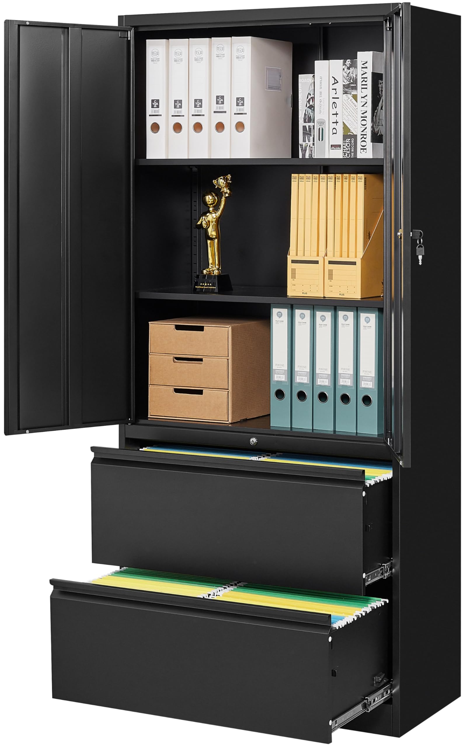SISESOL Black Metal Storage Cabinet with Drawers and Lock,Locking Steel Storage Cabinet with Doors and Shelves,71" Office File Cabinets for Home Office,Warehouse,Garage,School (Black, 2 Drawers)