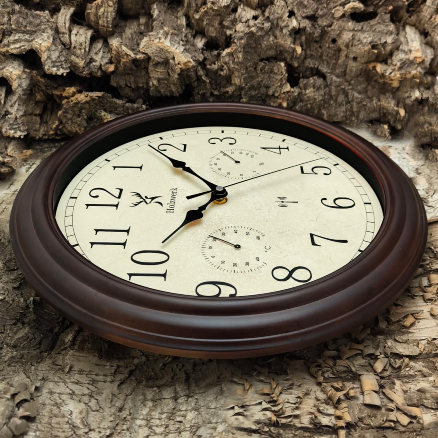 Holzwerk HORNBERG (Funk) Vintage Retro Funkwanduhr Holz Wanduhr Temperaturanzeige & Hygrometer Feuchtigkeitsmesser Thermometer Braun nahezu lautlos Uhrwerk 14 Zoll 35cm (.Braun.Funk)