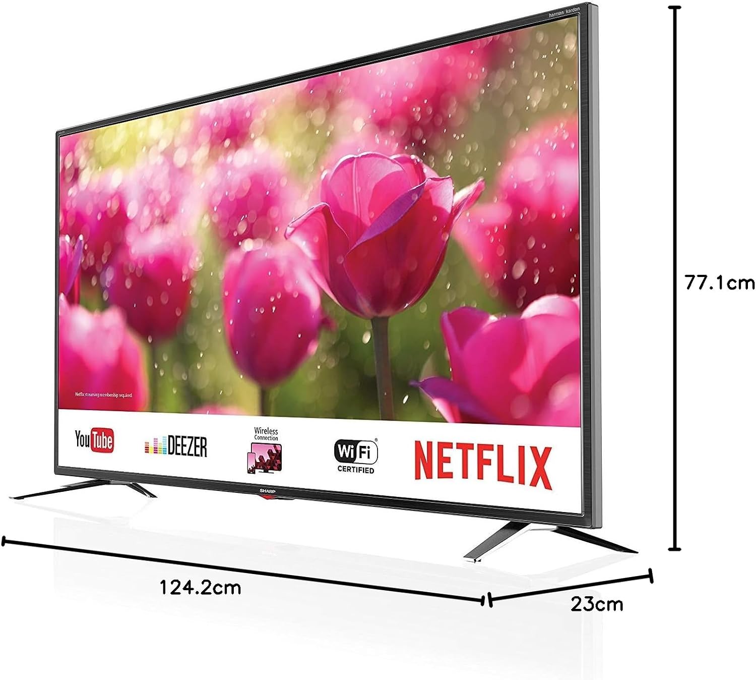 Dimensions of the Sharp 4T-C55BJ3EF2NB 55-inch 4K UHD Smart LED TV, showing height, width, and depth.