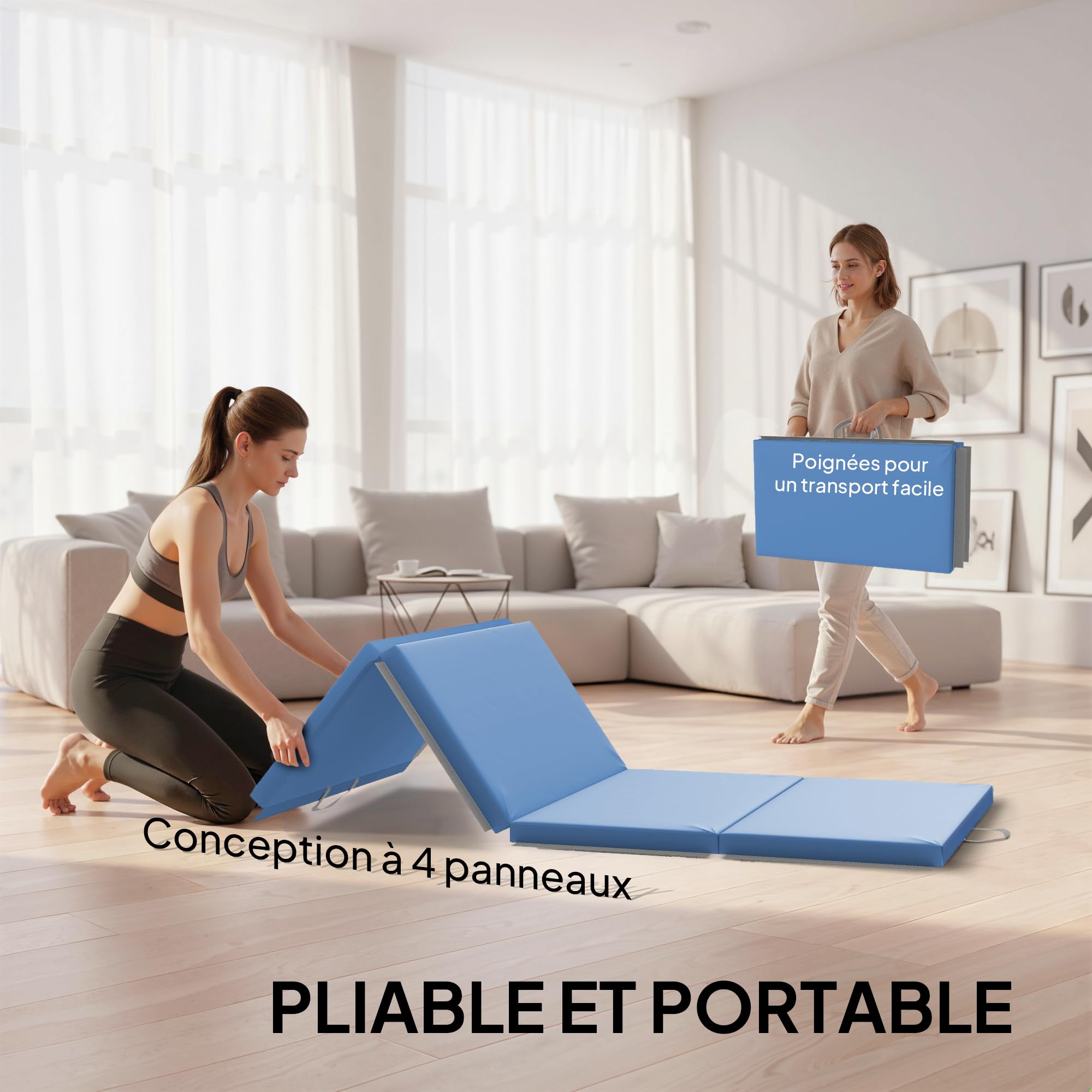 HOMCOM Tapis de gymnastique pliable, tapis gymnastique épais, avec poignée, tapis de sol pour yoga, mma, sport, fitness, pilates, revêtement synthétique, bleu clair