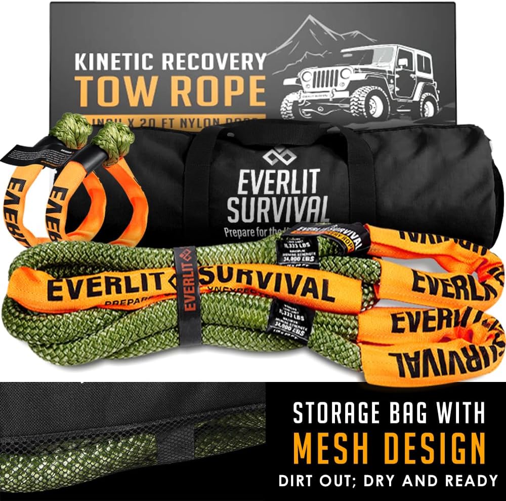 Everlit Survival Kinetic Recovery Rope 1" X 20 Ft with 2 Pack Soft Shackles Nylon Tow Stra[ with Breaking Strength 34,000 Lbs, Offroad Rope for Jeep UTV ATV Car Truck 30% More Stretch Than Strap…