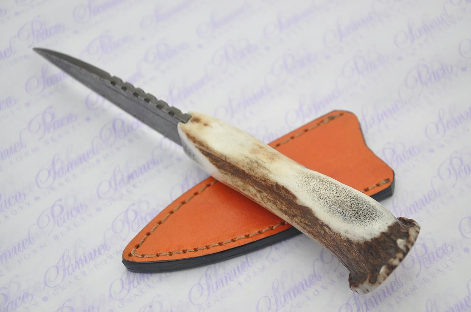 New Genuine Damascus Steel Full Crown Stag Handle Sheffield Sgian Dubh Boxed with Superior Leather Sheath