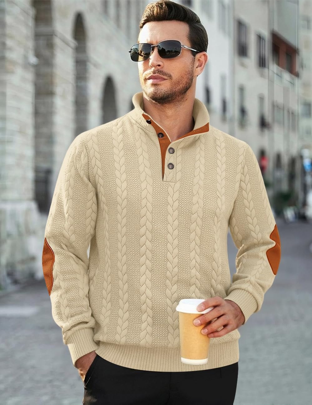 Men's Cable Knit Pullover Sweater Casual Long Sleeve Stand Collar Quarter Button Knitted Sweatshirts Quilted Sweatshirt - Image 3