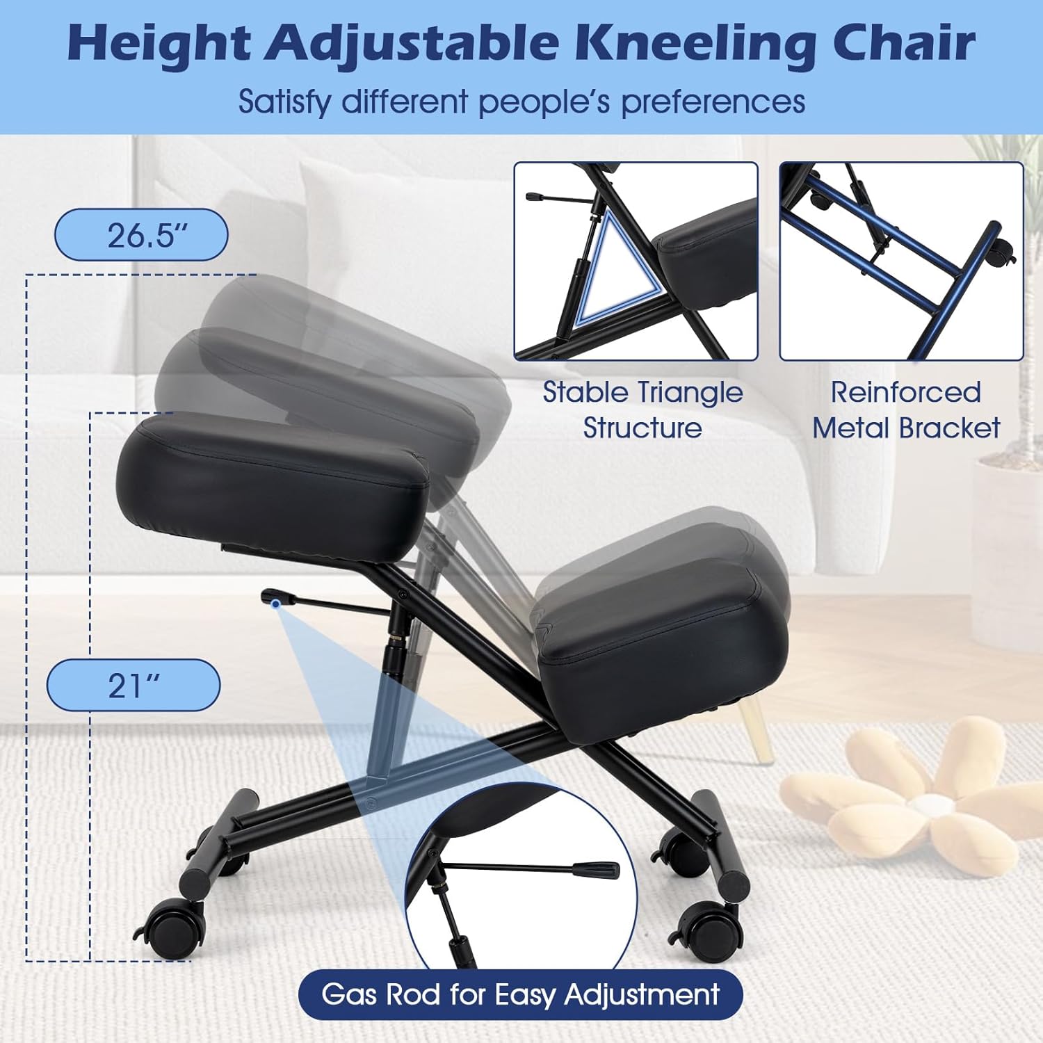Giantex Ergonomic Kneeling Chair for Office, Knee Stool Chair w/Adjustable Height and Seat Angle to Relieve Pain, Posture Desk Chair w/Lockable Universal Wheels, Thick Padded Cushions, Black (1)