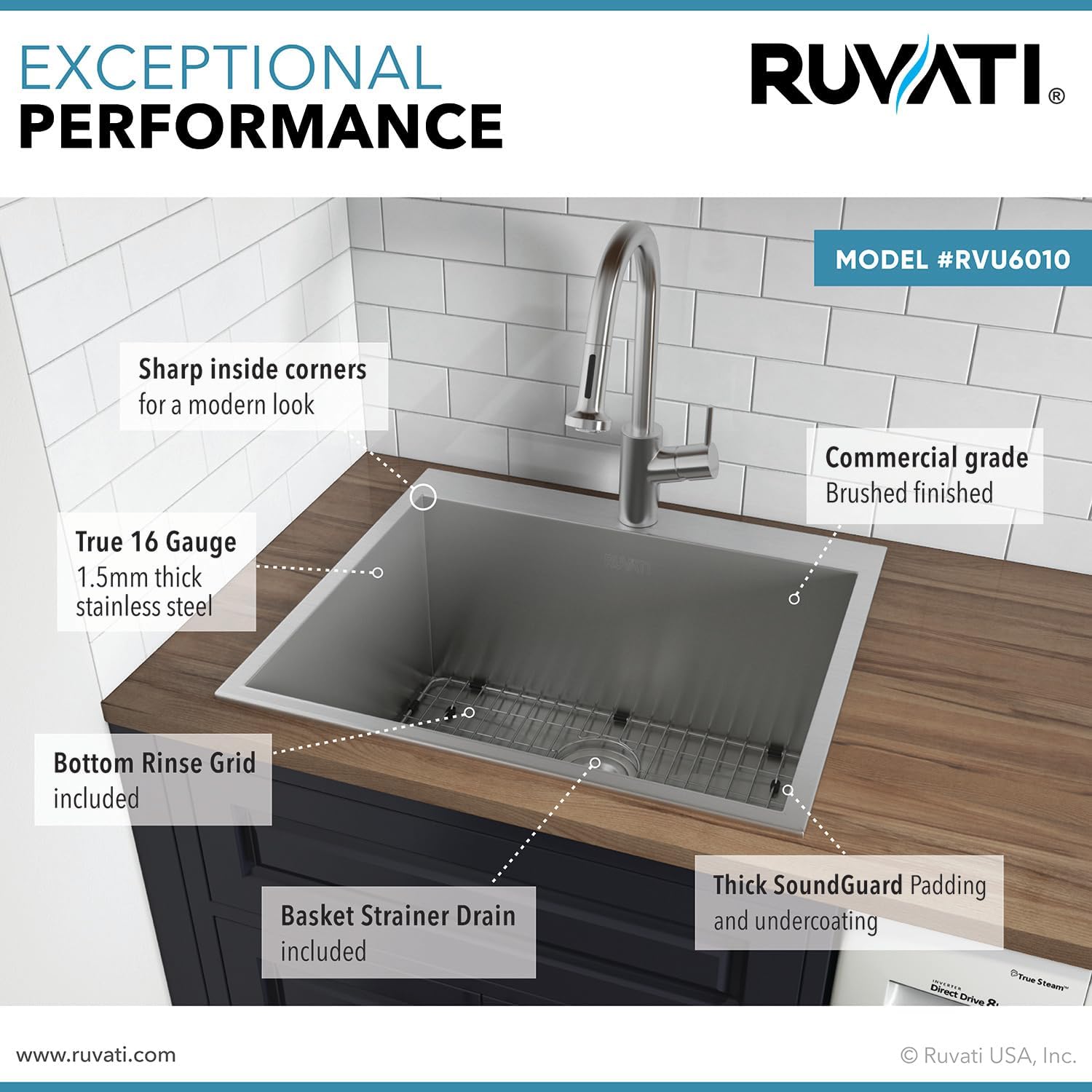 Ruvati 25 x 22 x 12 inch Drop-in Topmount Laundry Utility Sink, Deep 16 Gauge Stainless Steel Utility Sink - Drop In Laundry Sink - Single Bowl Laundry Room Sink - RVU6010