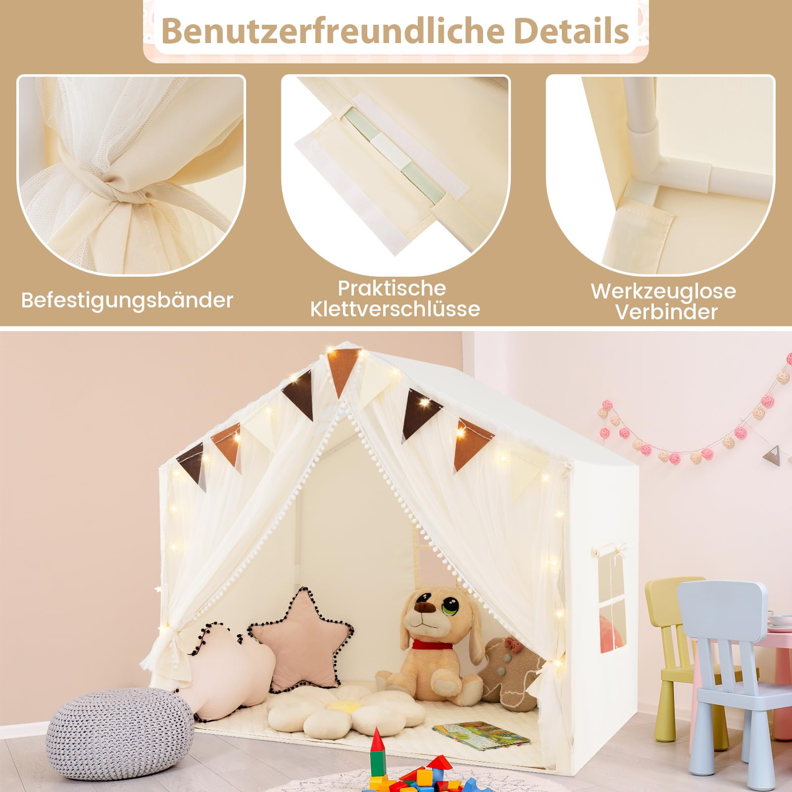 COSTWAY Spielhaus Kinder Indoor, Kinderzelt mit Matte und Lichtern, Spielzelt Kinder, Prinzessin Kinderspielhaus, Kinderzimmer Dekor Zelt für Jungen und Mädchen ab 3 Jahren (Beige)