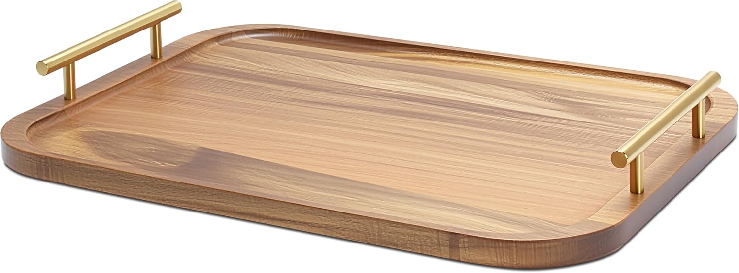 Large Wooden Tray, 15"x11.4"x1.75" Large Wood Trays with Metal Handles, Serving Tray for Kitchen Counter, Breakfast, Ottoman Coffee Table