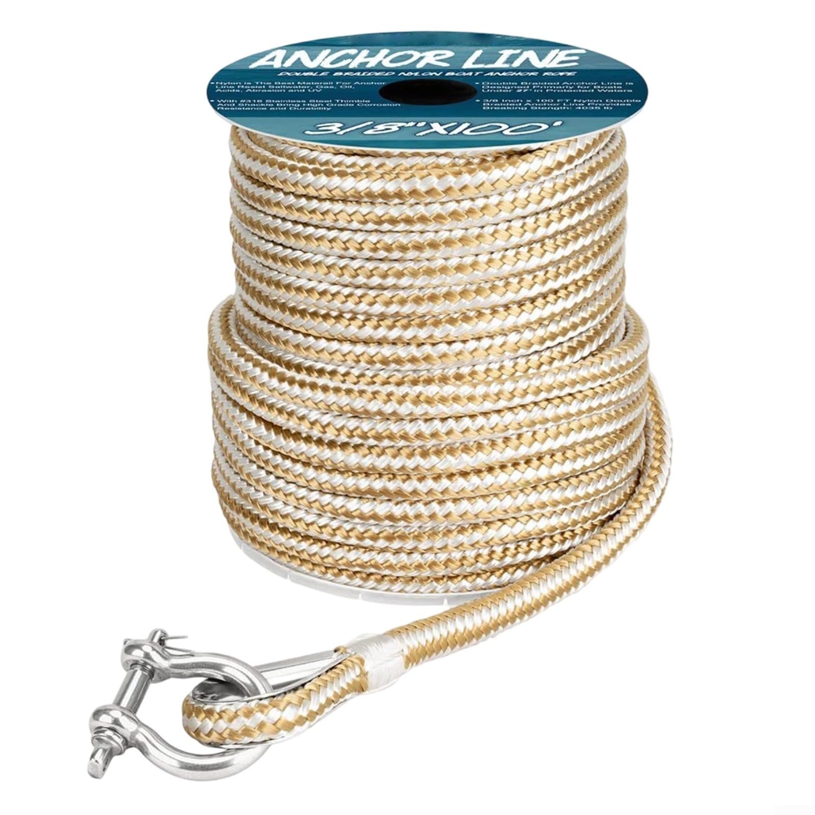 Entgoinggo Nylon para línea de anclaje trenzada, con dedal de acero inoxidable 316, para amarre y atraque en entornos marinos de agua salada (100 pies negro + arco)