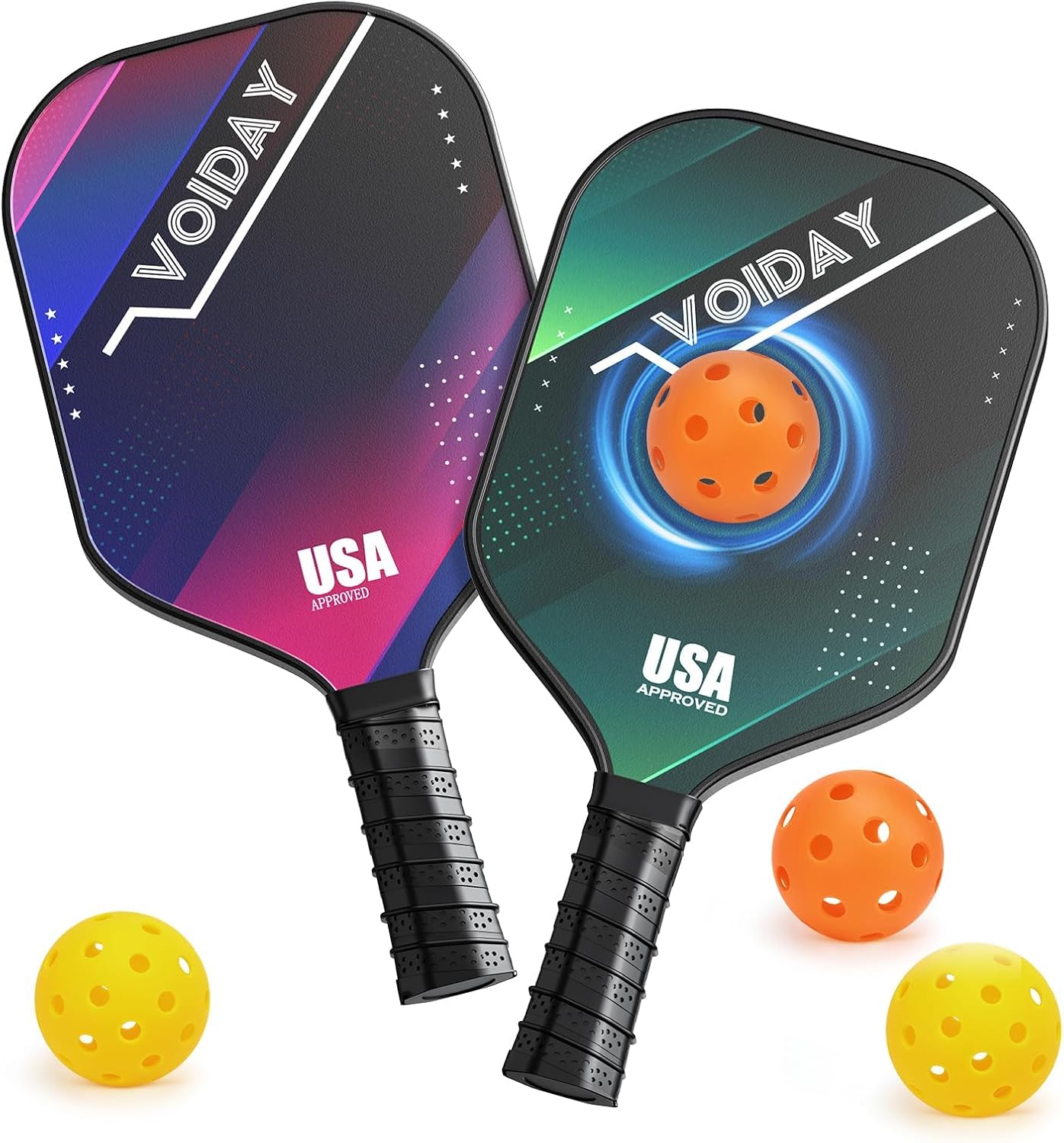 VOIDAY USAPA Approved Pickleball Paddles Set of 2 with 4 Balls - Fiberglass Lightweight Rackets for Beginners, Pros, Adults & Kids