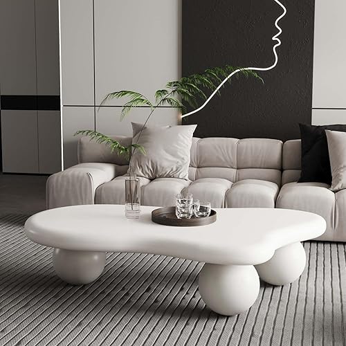 47" Modern White Coffee Table Cloud Shape Low Center Table Cute Irregular Indoor Tea Table with 3 Ball Legs for Living Room Small Space