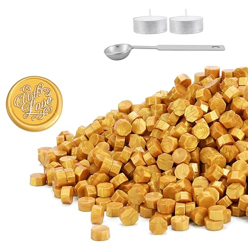 Yoption Juego de 720 cuentas de cera de sellado dorado para sello de cera con velas y cuchara de fusión para sello de cera (dorado)