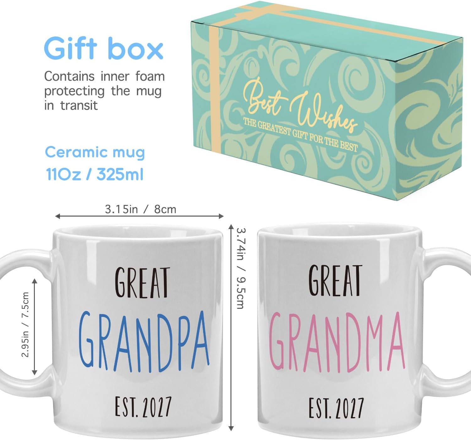 Great Grandparents EST 2027 Coffee Mugs Gifts Set for New Grandma and Grandpa, Pregnancy Announcement Pregnancy Reveal Coffee Mugs, Thank You First Time Grandparents Gifts image 5