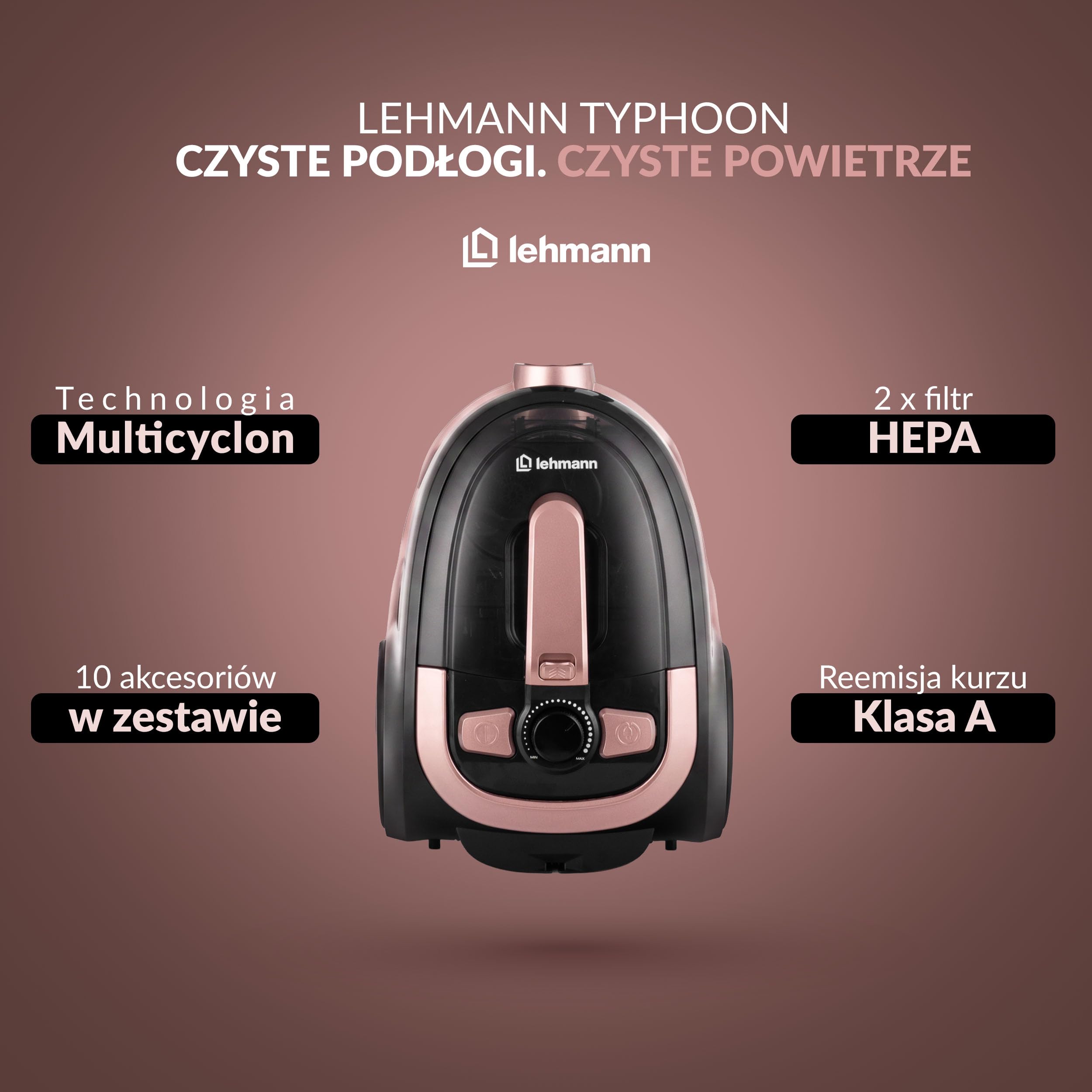 Lehmann odkurzacz cyklonowy bezworkowy, z wydajną technologią cyklonową, promień działania 9 m, pojemnik na kurz 2,5 l, podwójna filtracja, filtr HEPA, 5 zestawów dysz, szczotka turbo