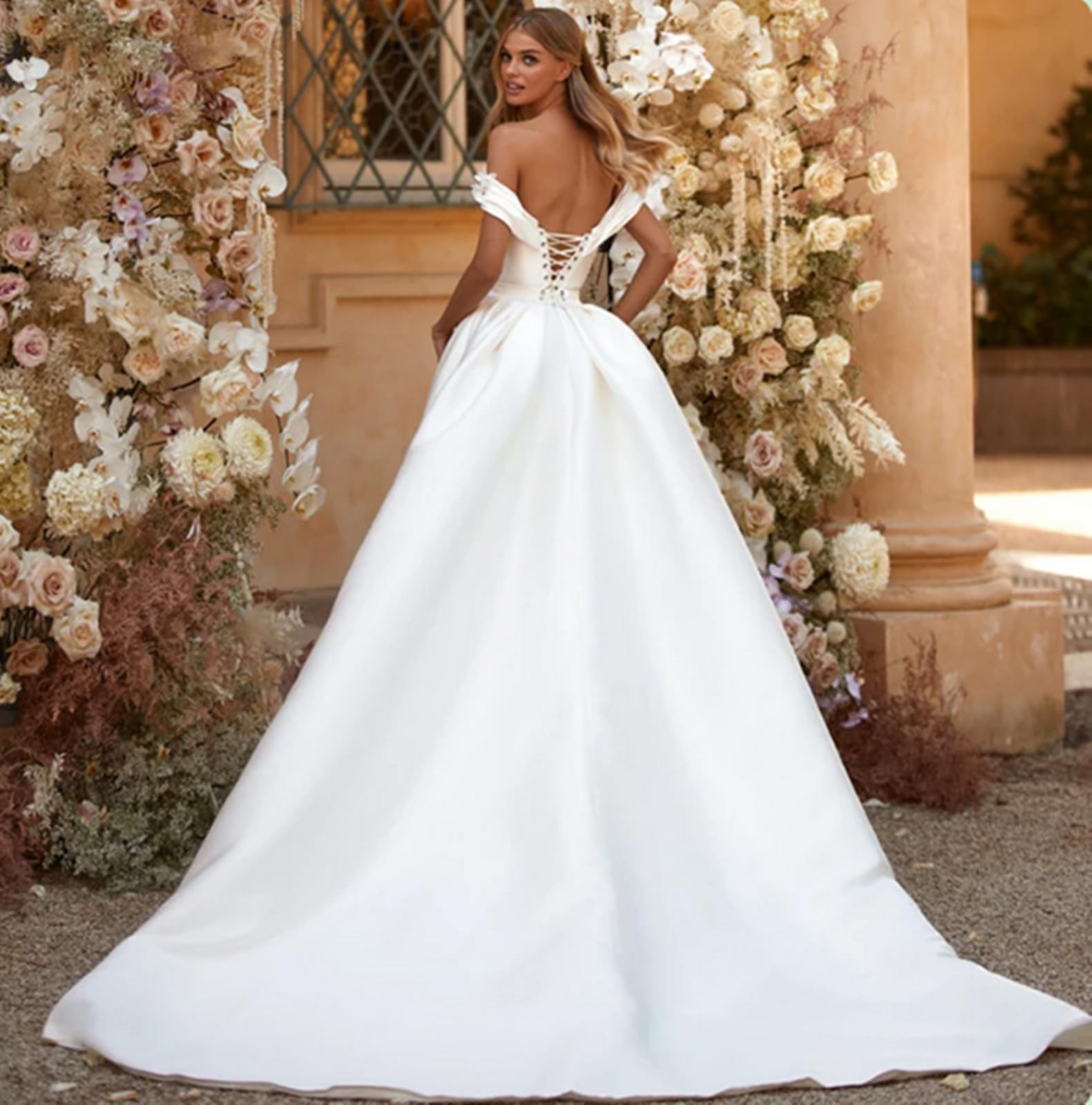 TSxuelian Abito da sposa a sirena in raso da donna con spalle scoperte con treno staccabile Gonws da sposa