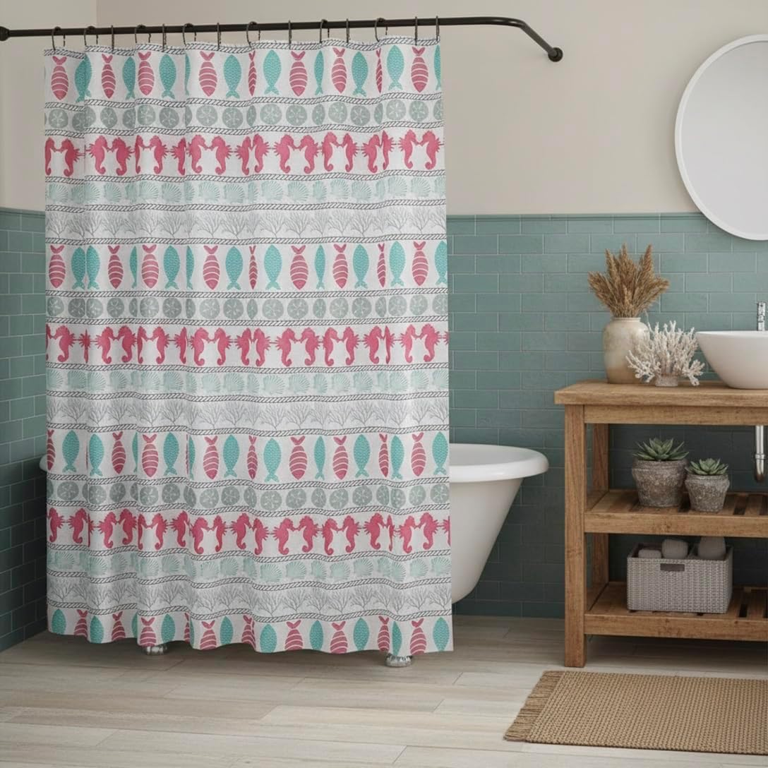 Serafina Home Aqua Grey White Fabric Shower Curtain for Bathroom: Tropical Coastal Nautical Shells Design with White Shower Curtain Liner and 12 Rollerball Hooks, 14 Pc Set