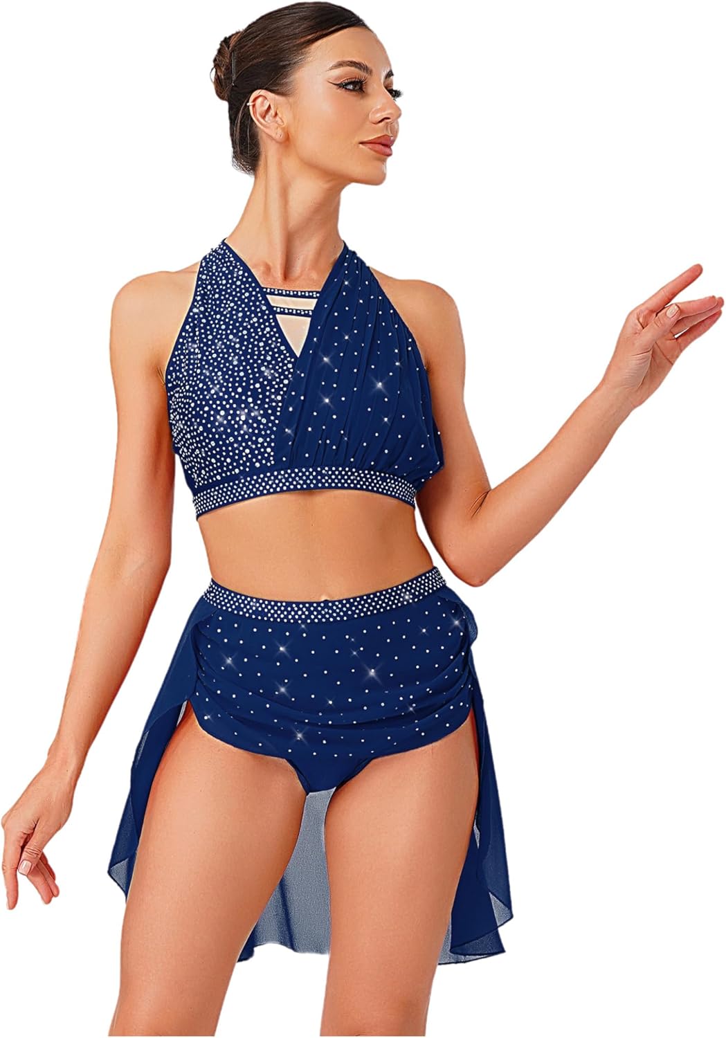 Women Lyrical Dance Dress Shiny Rhinestones Crop Top with Skirted Leotard 2-Piece Modern Dancing Costume