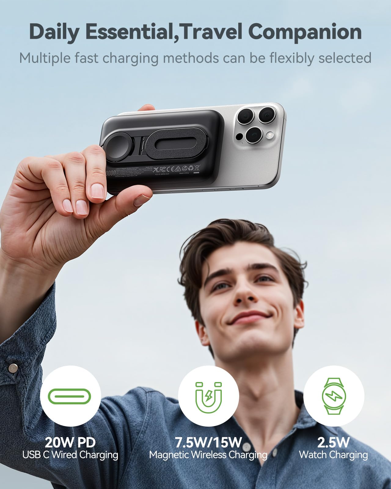 Cargador magnético portátil para iPhone y Apple Watch, batería externa inalámbrica de 10000 mAh, USB-C de carga rápida con soporte para iPhone Air/17/16/15/14/13 Series e iWatch, esencial de viaje