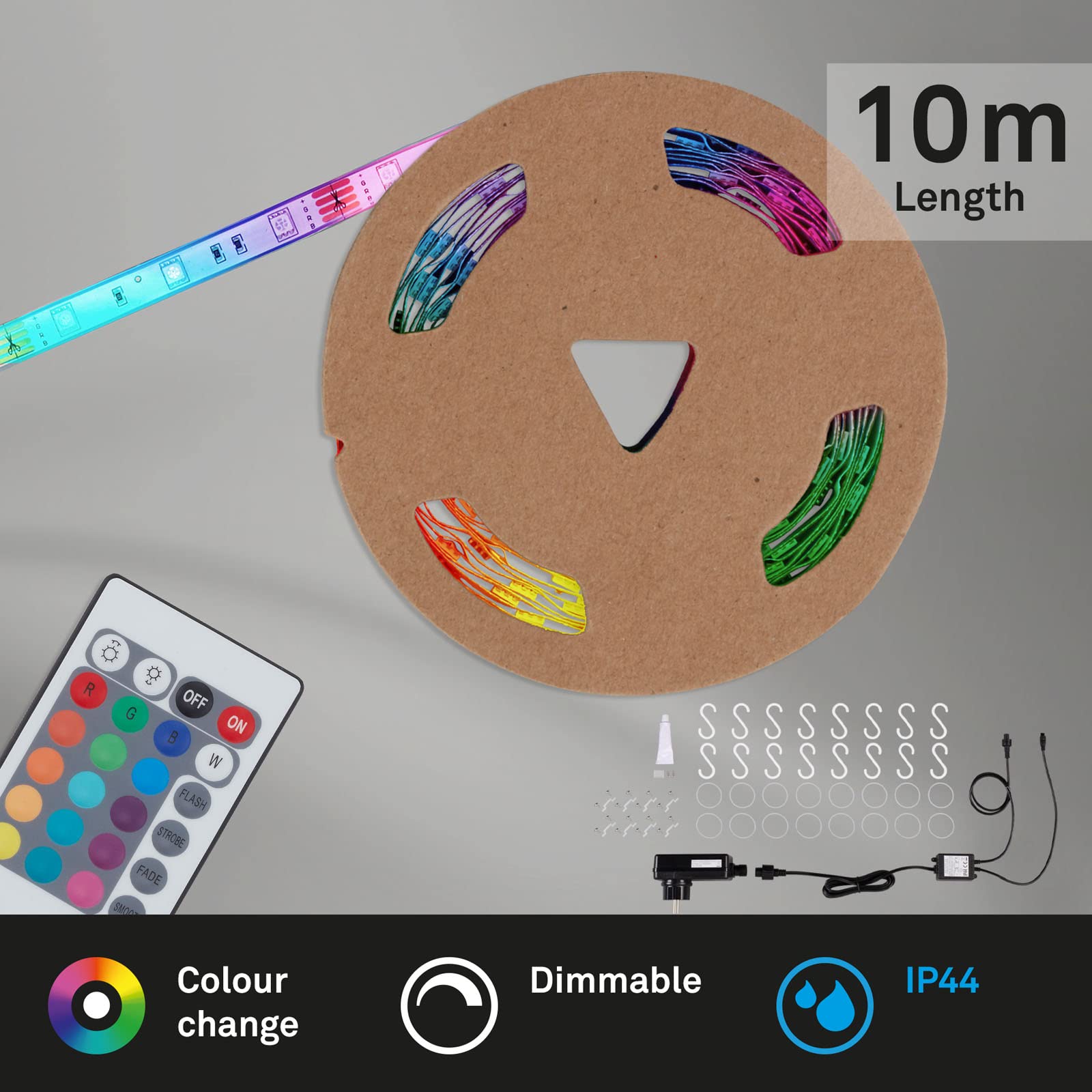 BRILONER Leuchten – LED Strip Außen 10m, RGBW LED Band, IP44, Fernbedienung, Farbwechsel, Dimmbar, Silikonbeschichtet, Kürzbar, Weiß, 2035-300