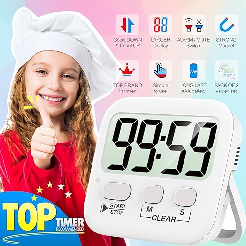 Miniatura 30 de Antonki Paquete de 2 temporizadores digitales para niños, temporizadores de cocina magnéticos de cuenta regresiva para cocinar, huevos, aula, 2 x