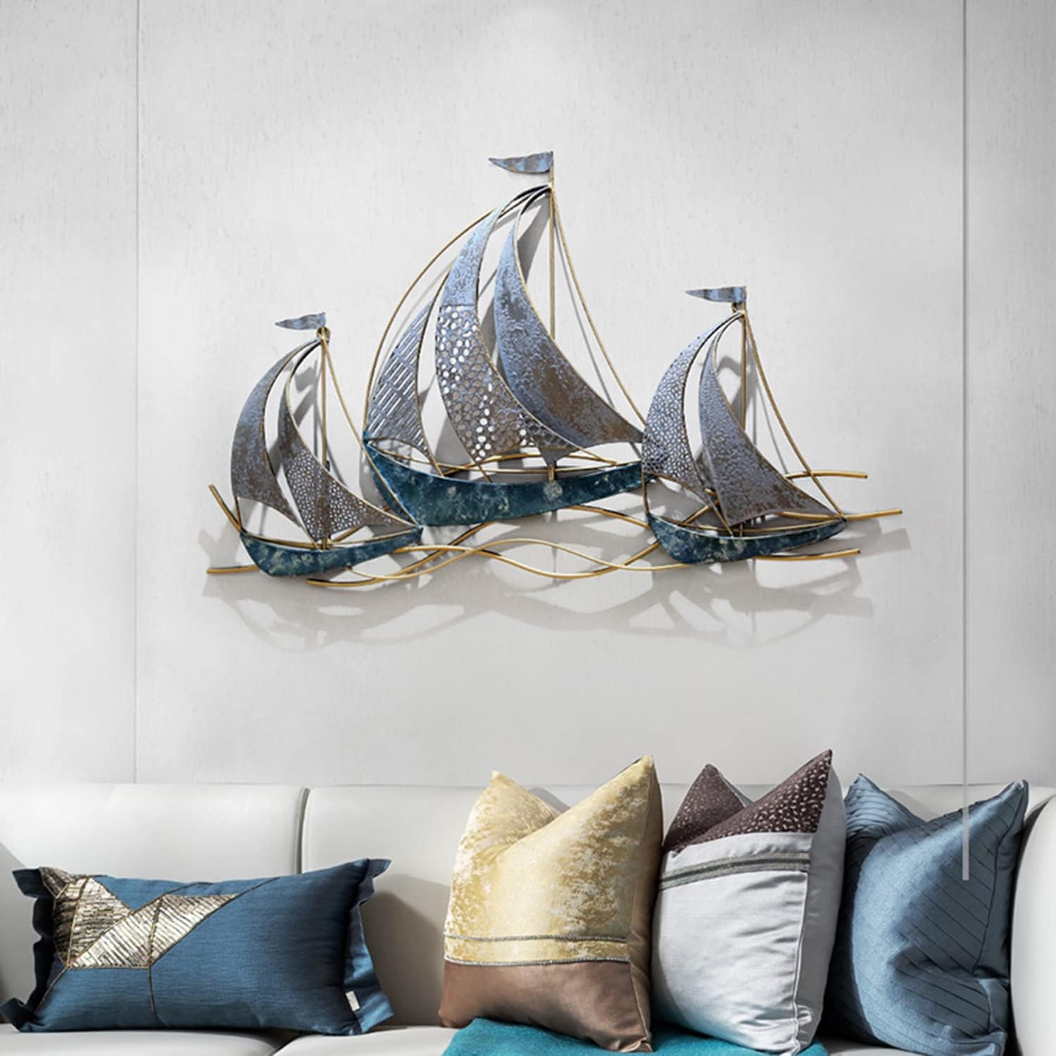 AUQMTAIN 34" Metal Sailboat Wall Decor, 3D Nautical Ship
