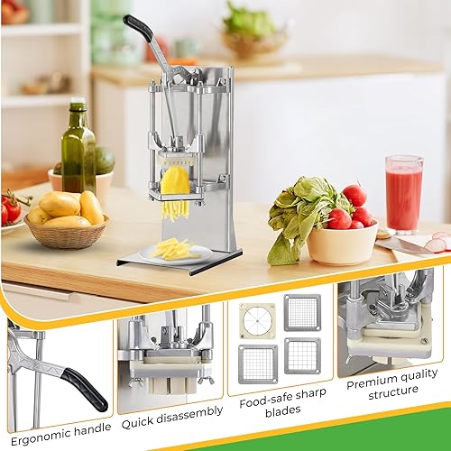 Vista 28 de Picador comercial de verduras y cortador de papas fritas de acero inoxidable – Incluye 3 tamaños de hoja (1/2 pulgadas, 3/8 pulgadas, 1/4 pulgadas)