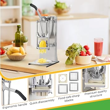 4-in-1 Commercial French Fry Cutter & Vegetable Chopper - Stainless Steel with Extended Handle - Includes 4 Blades - For Home, Bar, Restaurant - Dices, Slices & Chops