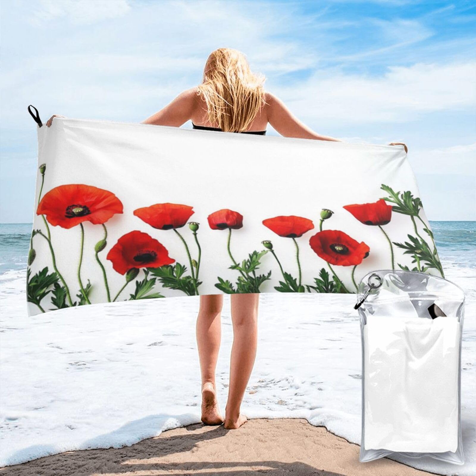 Anceky Red Poppies On White Background Quick Dry Microfiber Travel Towel with Carry Case and Carabiner 27.5"X55"