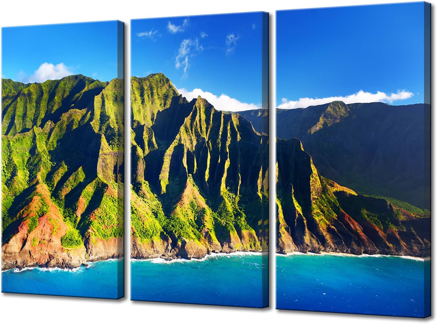 Biuteawal Large 3 Panel Hawaii Canvas Wall Art Na Pali Coast Kauai Picture Canvas Prints Green Blue Nature island Coastline Landscape Photography Painting Travel Framed Artwork for Home Office Decor