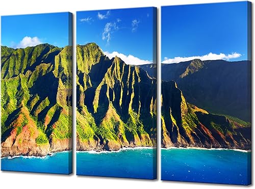Biuteawal Lienzo grande de 3 paneles Hawaii, arte de pared de la costa de Na Pali Kauai, impresiones en lienzo verde y azul, naturaleza, isla