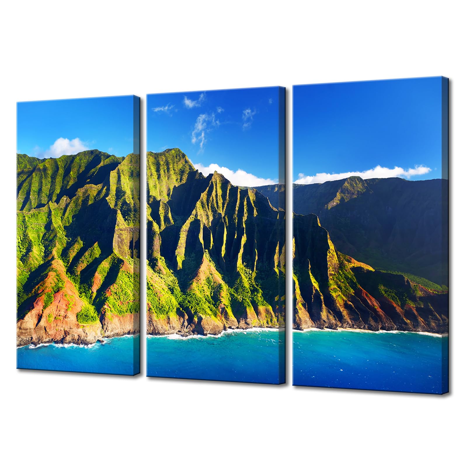 Biuteawal Large 3 Panel Hawaii Canvas Wall Art Na Pali Coast Kauai Picture Canvas Prints Green Blue Nature island Coastline Landscape Photography Painting Travel Framed Artwork for Home Office Decor