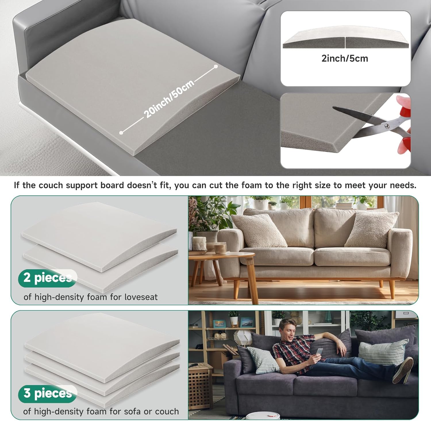 Couch Cushions Support for Sagging Seats, Curved 20" x 20" High-Density Foam Support Board for Under Cushions, Firm Sofa Seat Repair Insert for Sectionals, Loveseats & Chairs, Grey 3pcs