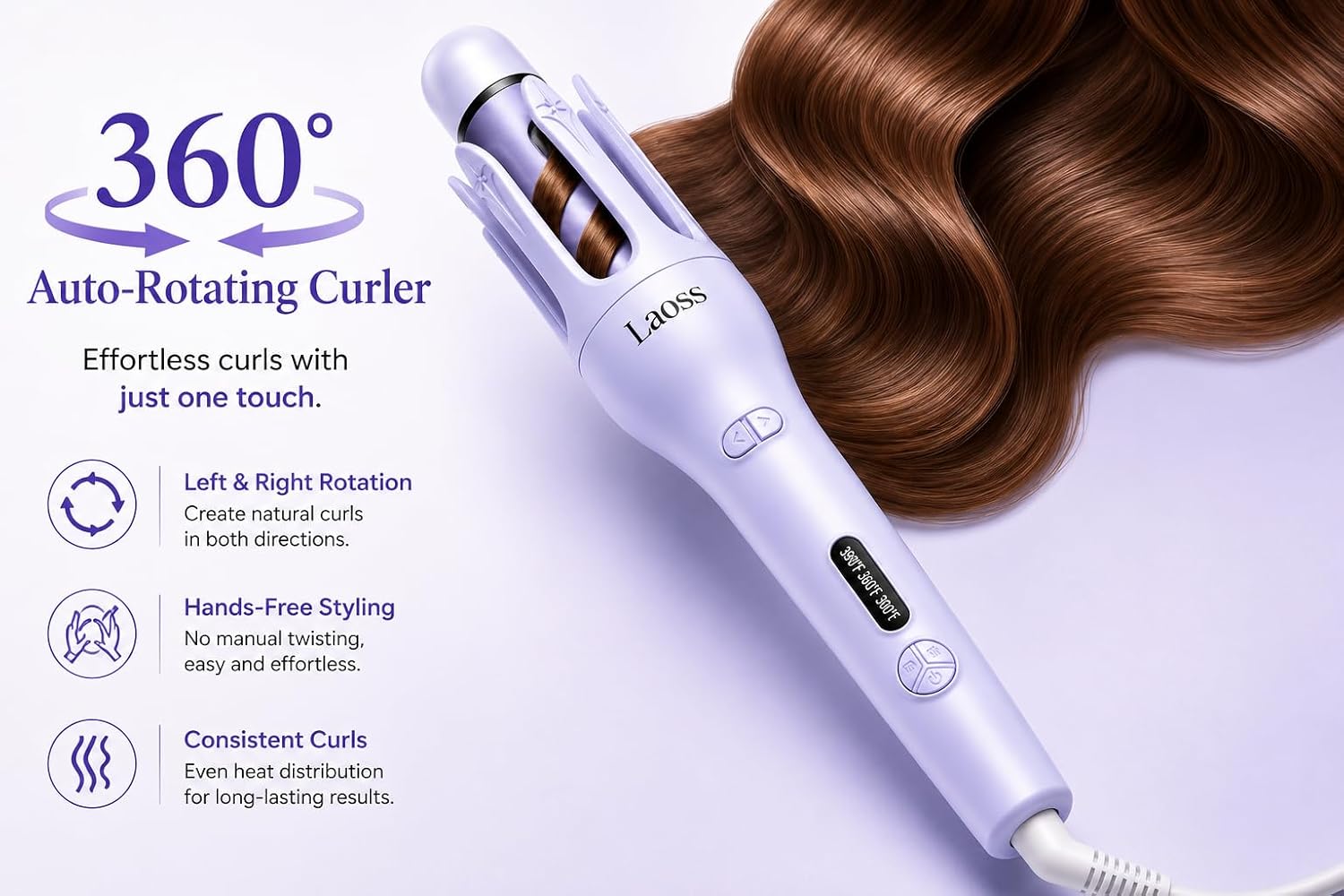 Automatic Hair Curler 1 1/4 Inch, 360° Rotating Curling Iron, Fast Heating with 3 Temperature Settings, Anti-Scald & Anti-Tangle, Dual Direction Rotating Curling Wand