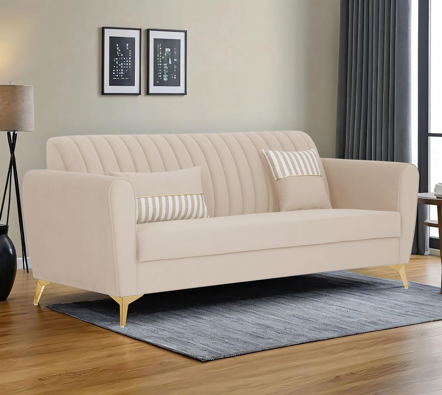 Adorn India Premium Luster 3 Seater | Velvet Suede Fabric | 3-Year Warranty | Color Cream with Golden Legs & Striped Pattern Cushion
