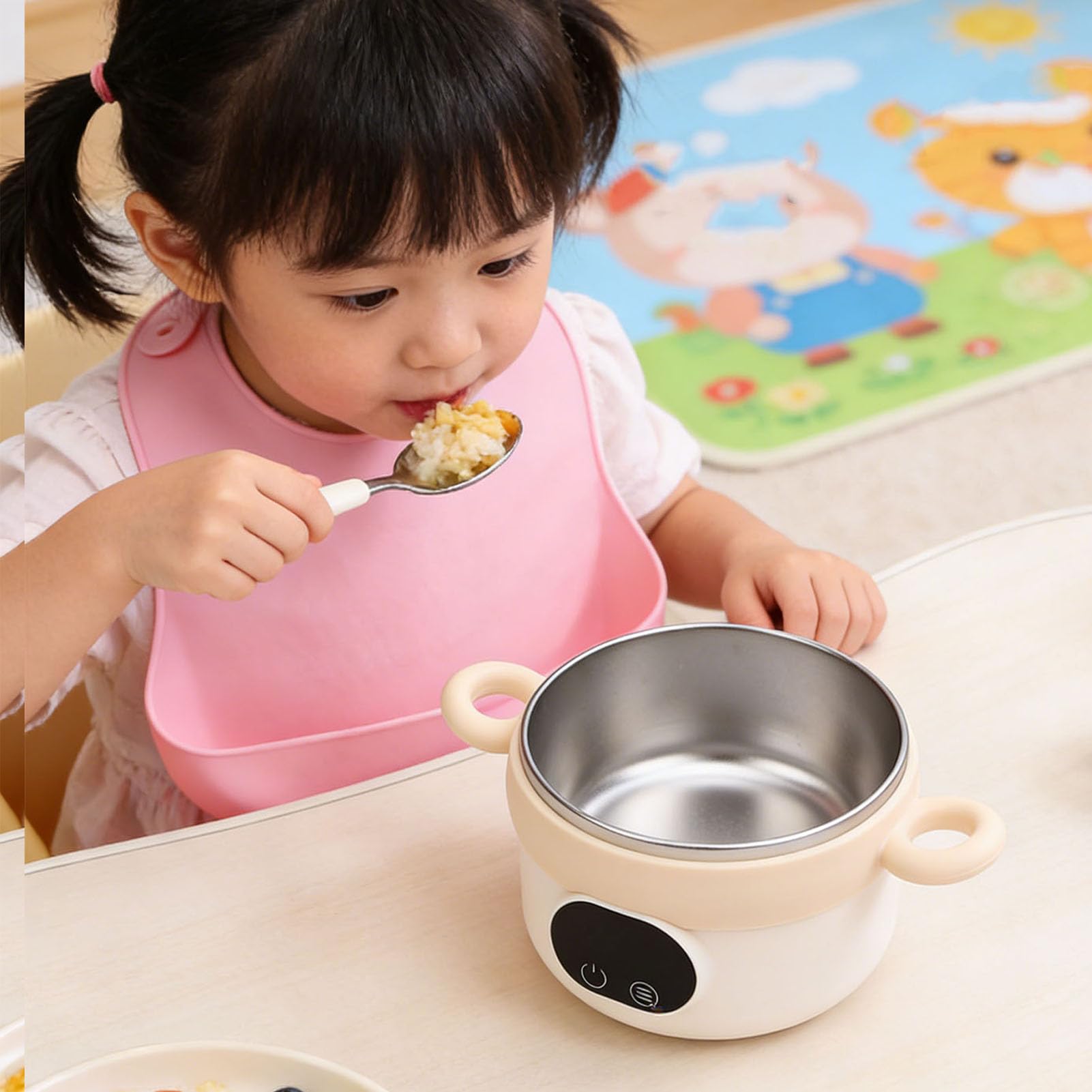 Portapranzo Elettrico Ciotola Scaldavivande Ciotola Riscaldante per Alimenti per Alimentazione Riscaldata Acciaio Inossidabile 304 470ml Senza Fili Senza Acqua Nece (Colore Crema)
