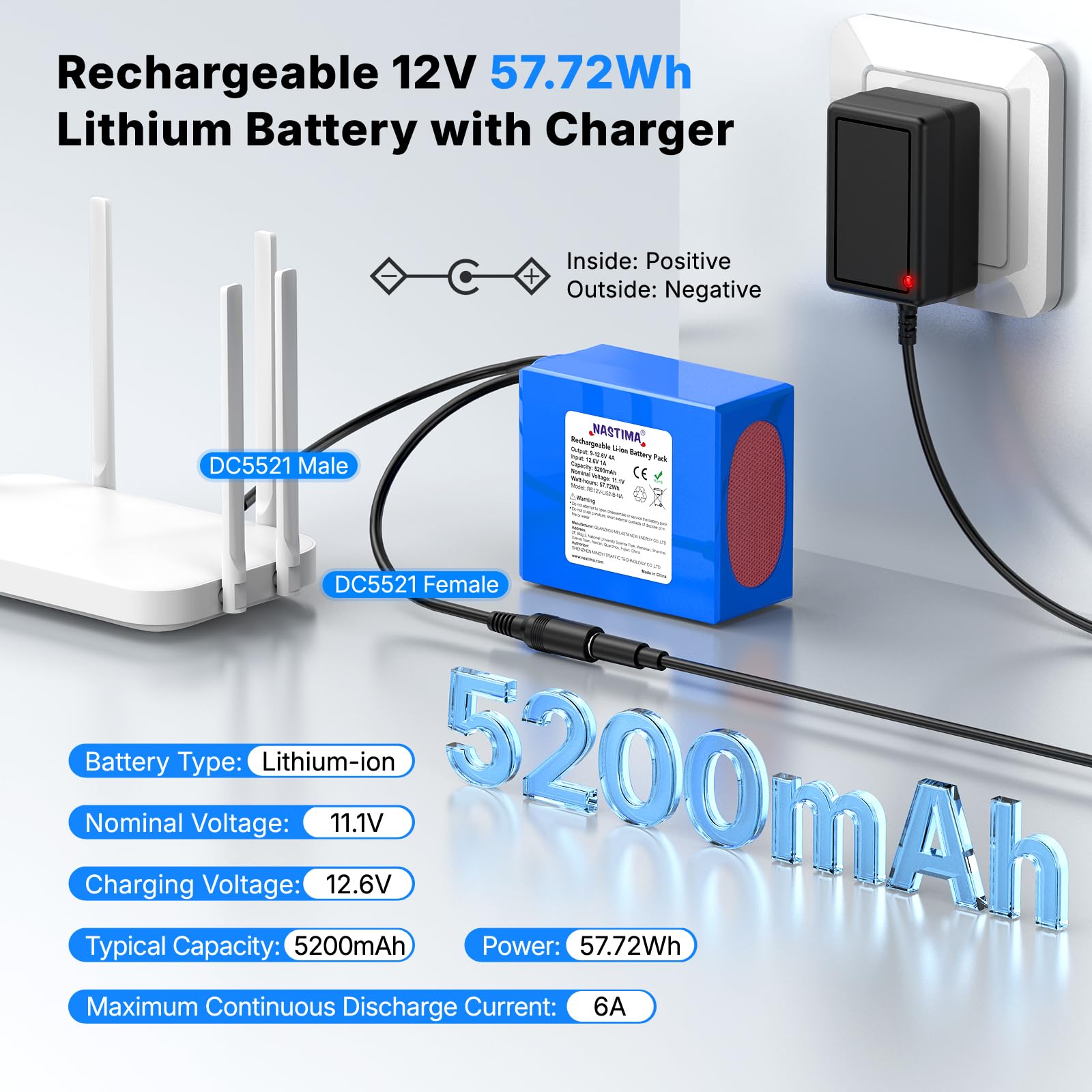 NASTIMA 5200mAh 57,72Wh 12V Batteria Ricaricabile Agli Ioni di Litio Adatta per Fotocamere, Videocamere, Lettori MP3, Telecamere CCTV, Router, Radio, ecc. Include Caricabatterie e Connettore | Adatto per fotocamera, lettore MP3, tastiera elettronica, tele