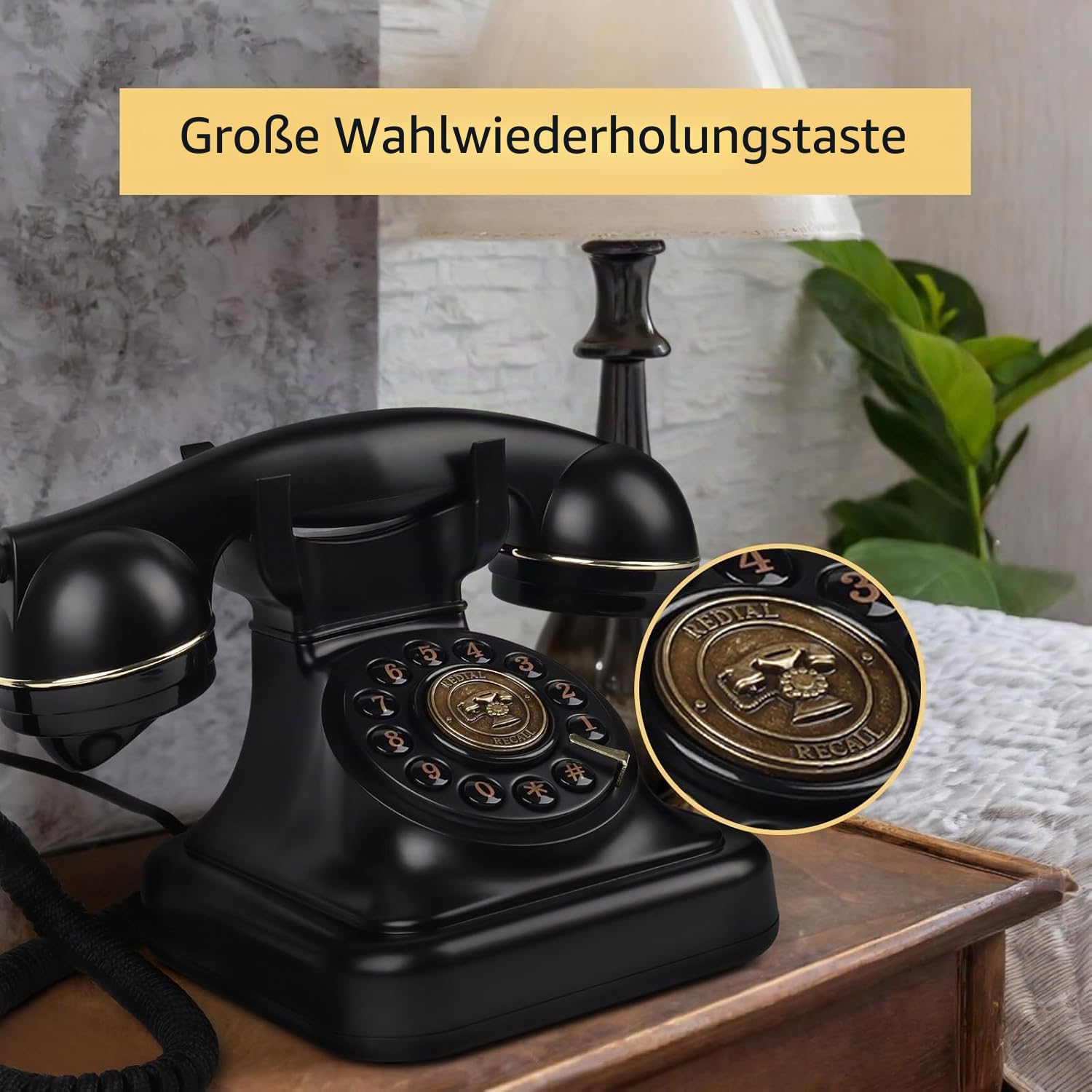 Retro-Festnetztelefon mit Druckknopf-Wahl, Vintage-Telefon mit einstellbarer Klingellautstärke und Wahlwiederholungsfunktion, Schnurgebundenes Retro-Telefon für Zuhause, Büro, Hotel (Schwarz)