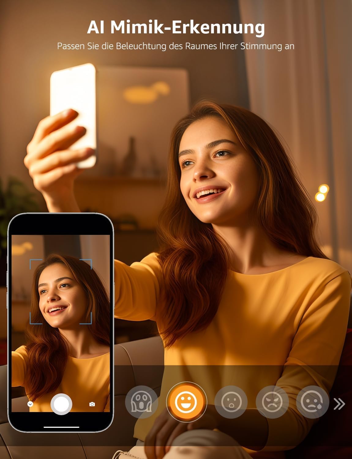 Woman using a smartphone to capture her facial expression for AI Mimic Recognition with the Lepro T1 Smart LED Ceiling Light.