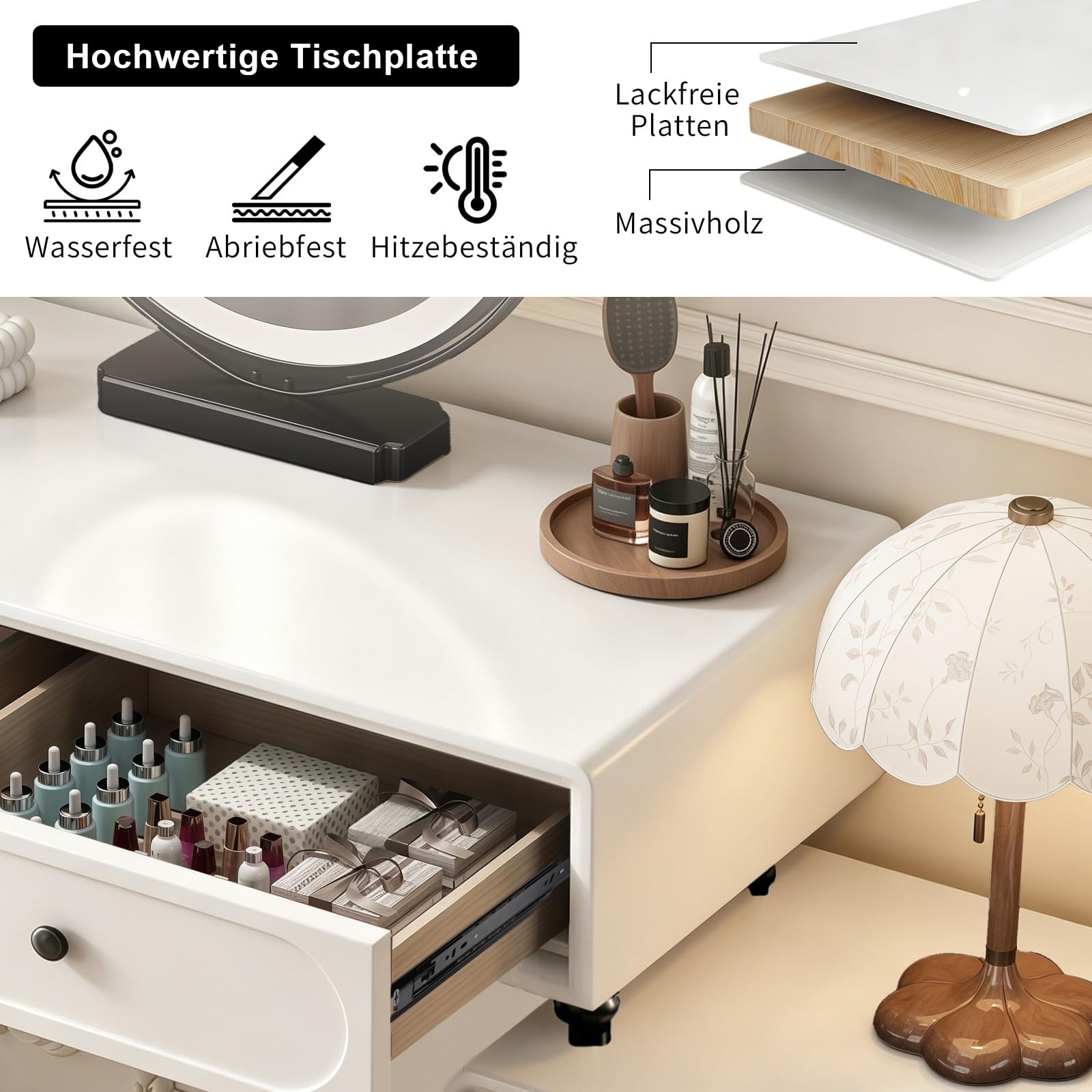 MJKCBD Vintage Schminktisch mit Spiegel & Hocker, Einfach zu Montieren