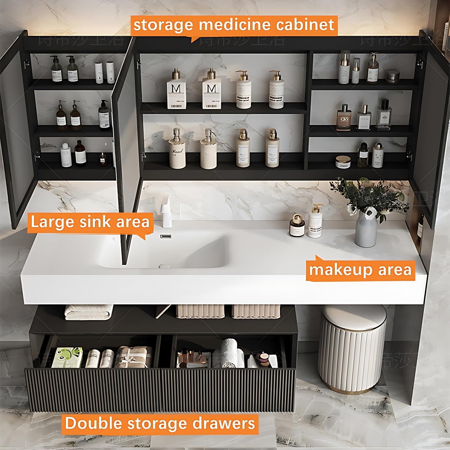Bathroom Vanity with Sink - Floating Bathroom Bathroom Vanity with LED Smart Medicine Cabinet & Makeup Space | Multi-Layer Solid Wood (UNDERCOUNTER Sink, 88")