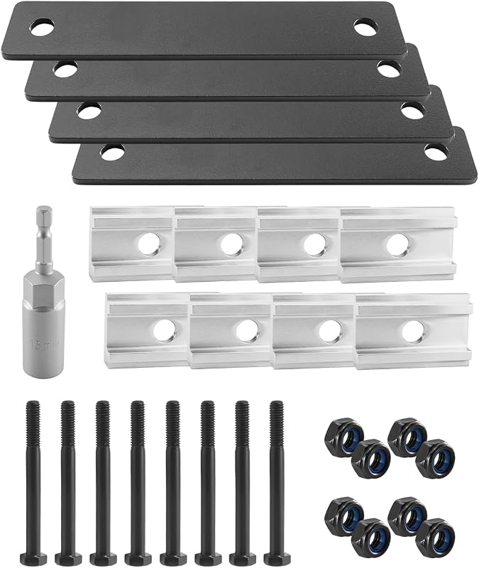 Rooftop Tent Mounting Hardware Set, Aluminum Brackets Kit With T Sliders | Rooftop Tent Mounting Kit Including 4 5.3 x 1 Inch Flat Mending Plates 8 Screws, Nuts and Aluminum Blocks and 1 Sleeve 13mm