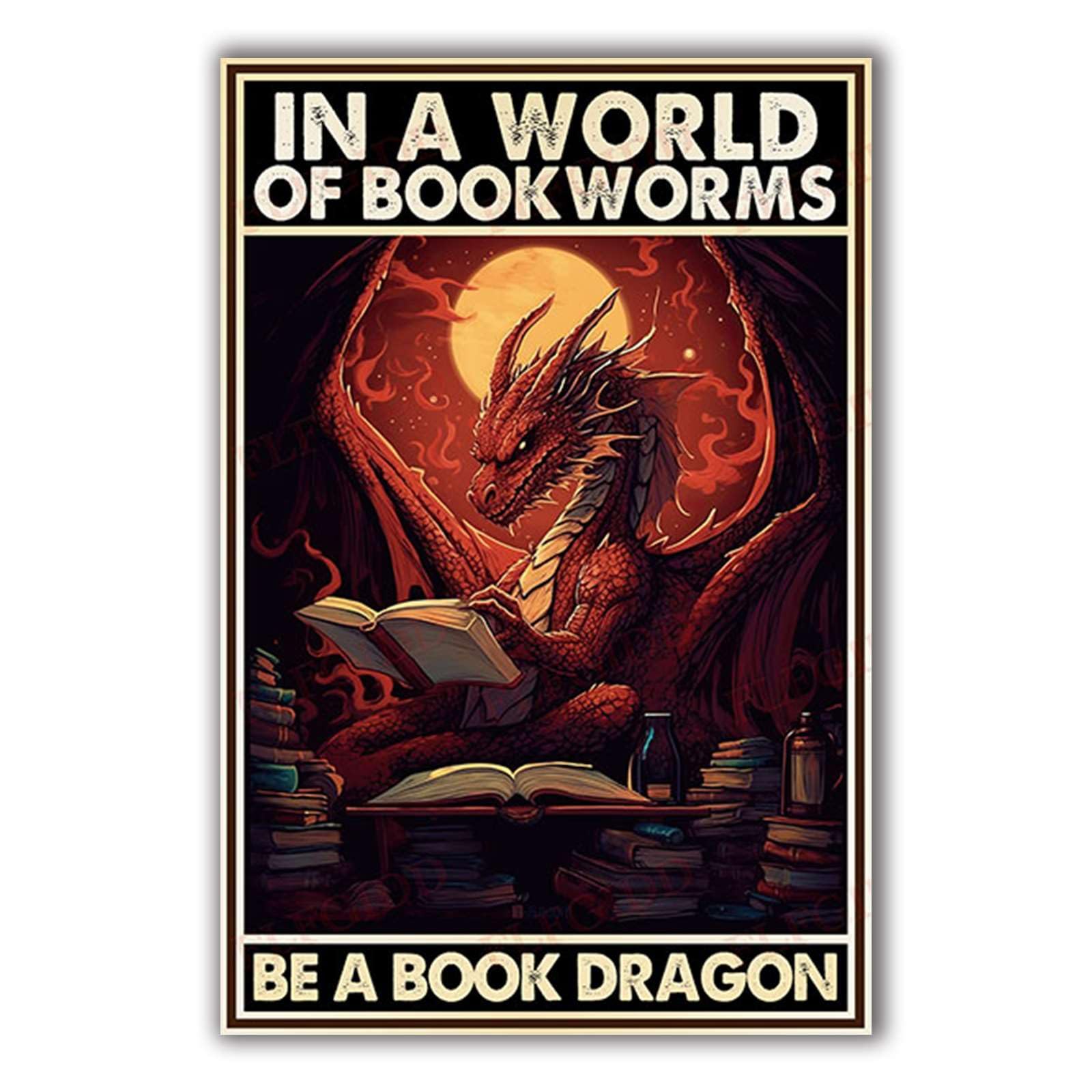 Anceky in a world of bookworms be a book dragon Tin Sign Vintage Metal Sign Wall Decor for Farmhouse Home Bar Backyard Cafe 12×8 Inch