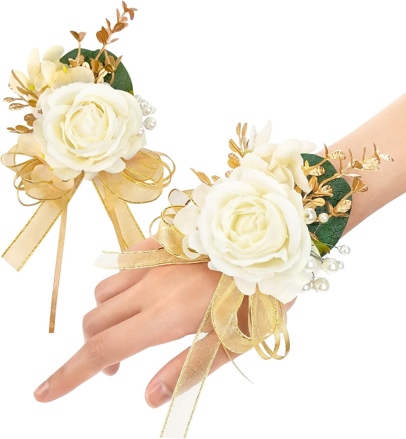PALAY® Rose Wrist Corsage Wristlet Band Bracelet and Boutonniere Set for Men Women Bride Bridesmaid Wedding Prom Flowers Accessories