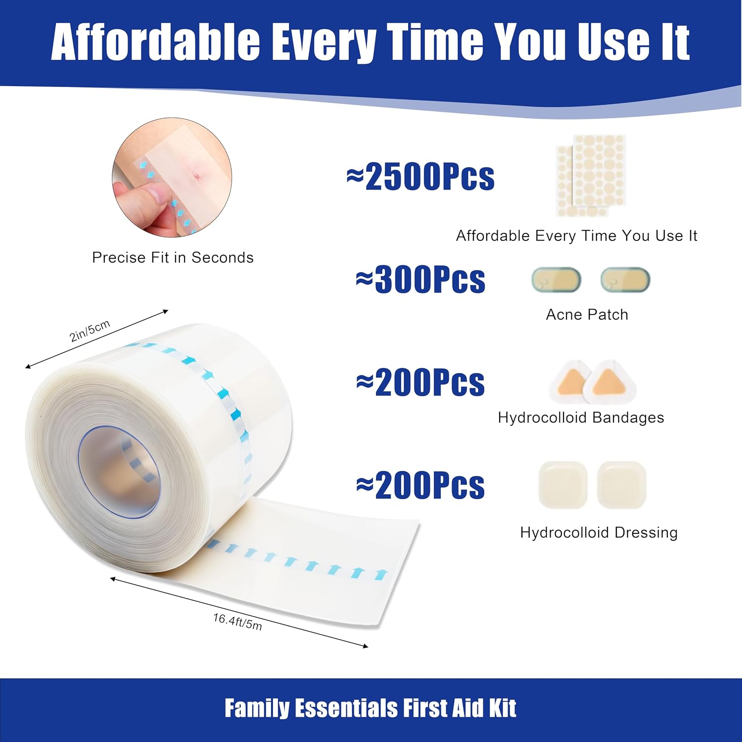 Hydrocolloid Roll for Wound Care Dressing, Large Patch Cut-to-Size, Self-Adhesive Hydrocolloid Bandages Tape for Pimple, Acne Care, Flexible & Waterproof, Ultra Absorbent (2IN*16.4FT)
