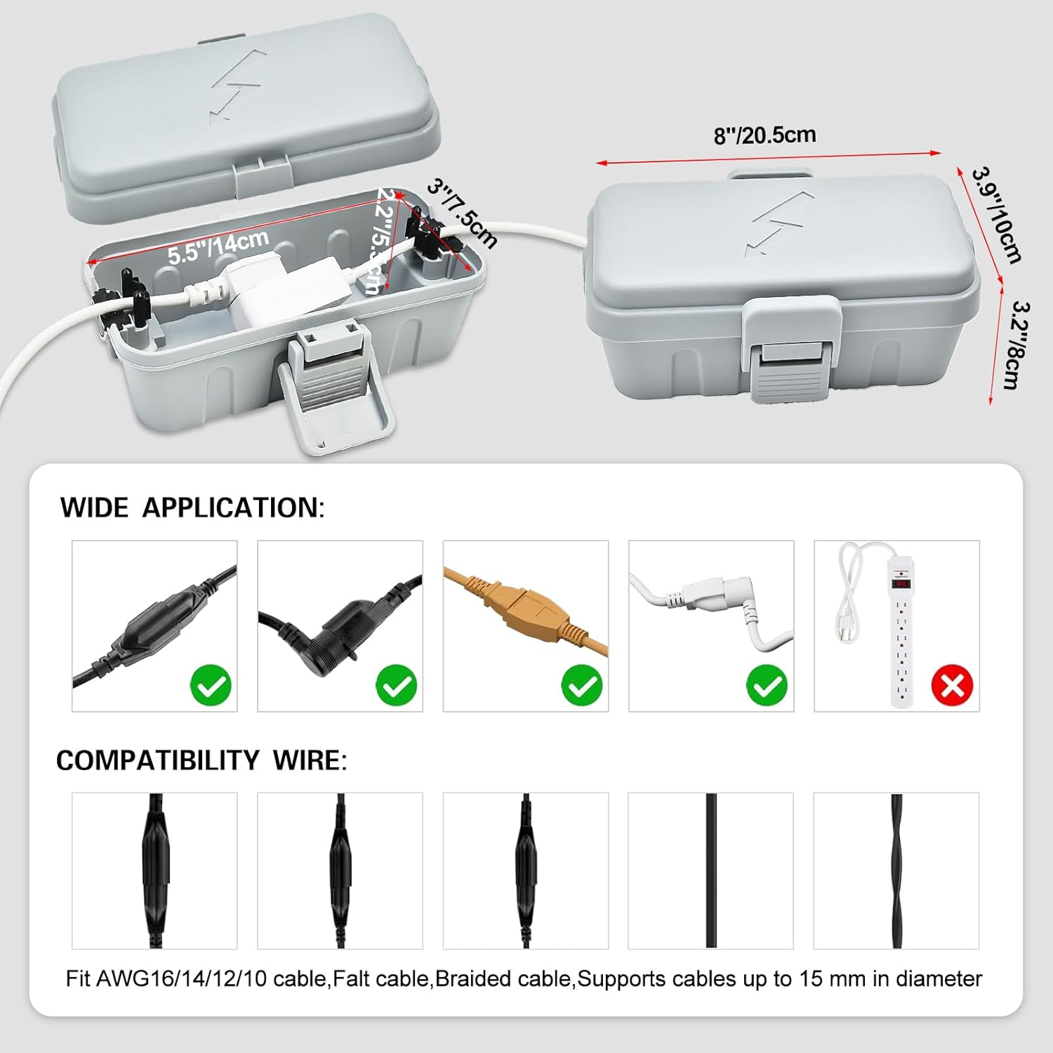 Hrensaw IP54 Large Outdoor Electrical Box w/ 8 Cable Seal Entry, Bundle w/ 3 Small Weatherproof Extension Cord Safety Box, Protect Power Strip, Timer Outlet Plug, Holiday Lights Decoration, Grey